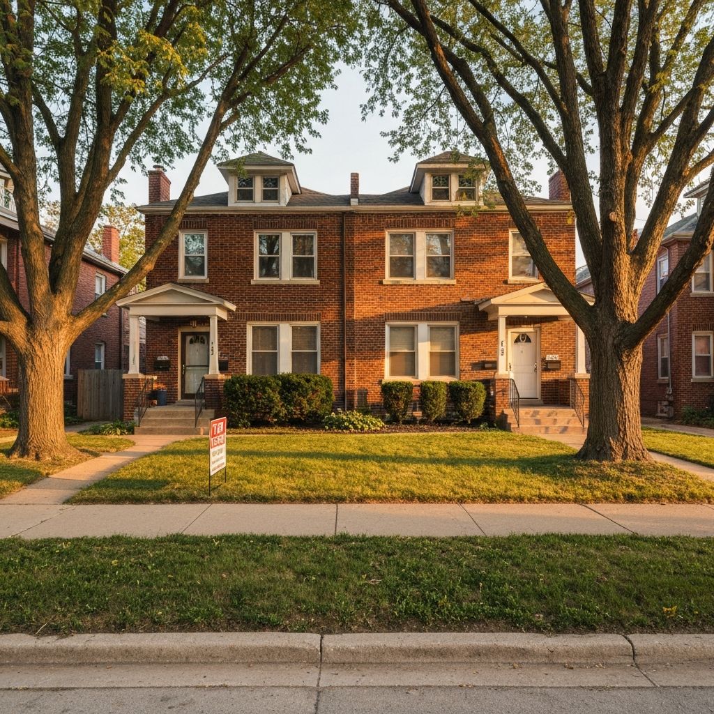 Indianapolis duplex with for rent sign showing house hacking investment opportunity